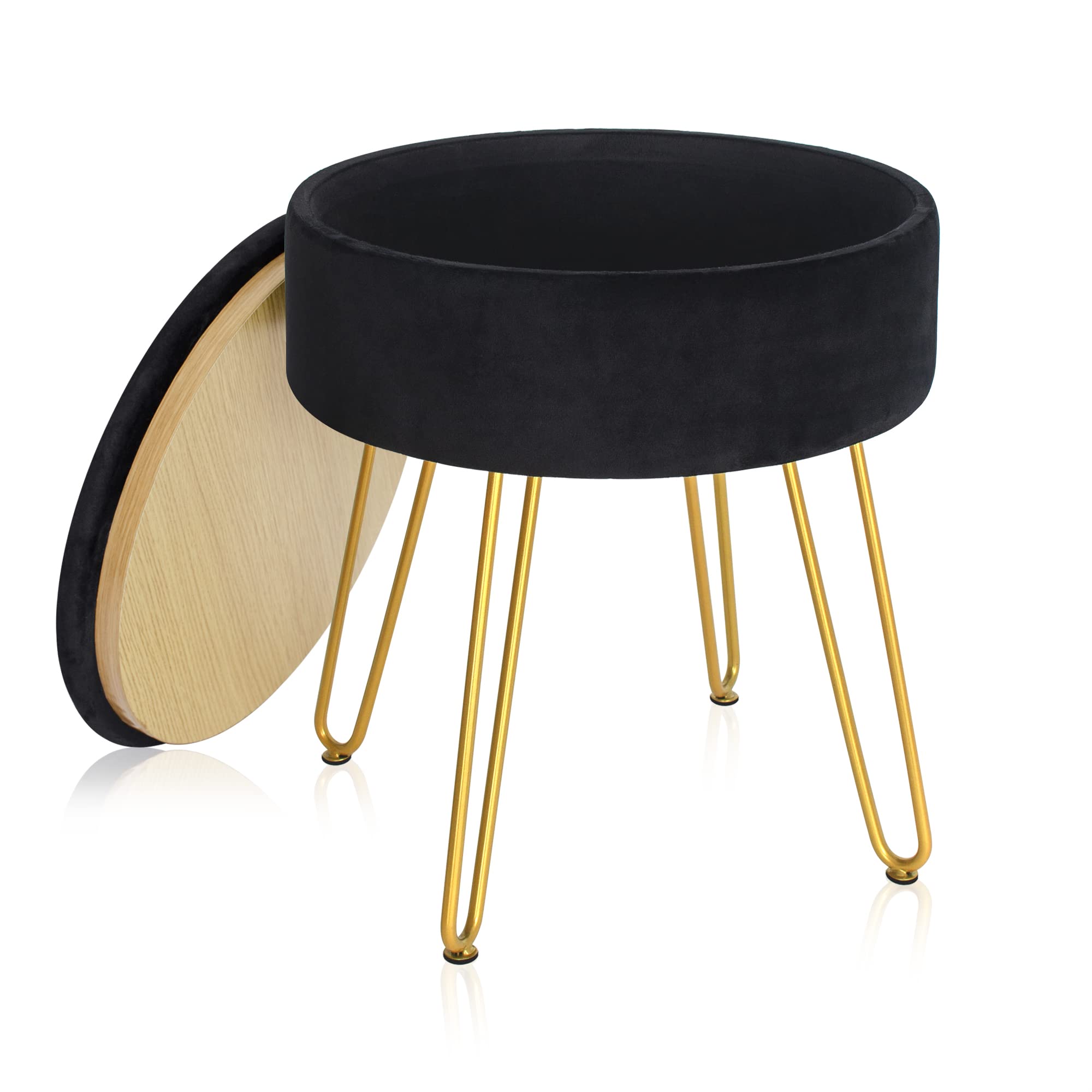 Photo 1 of AKOZLIN Velvet Storage Ottoman Seat Modern Round Vanity Stool Chair with 4 Gold Metal Legs-Black 15" D x15 Wx18 H X-Large