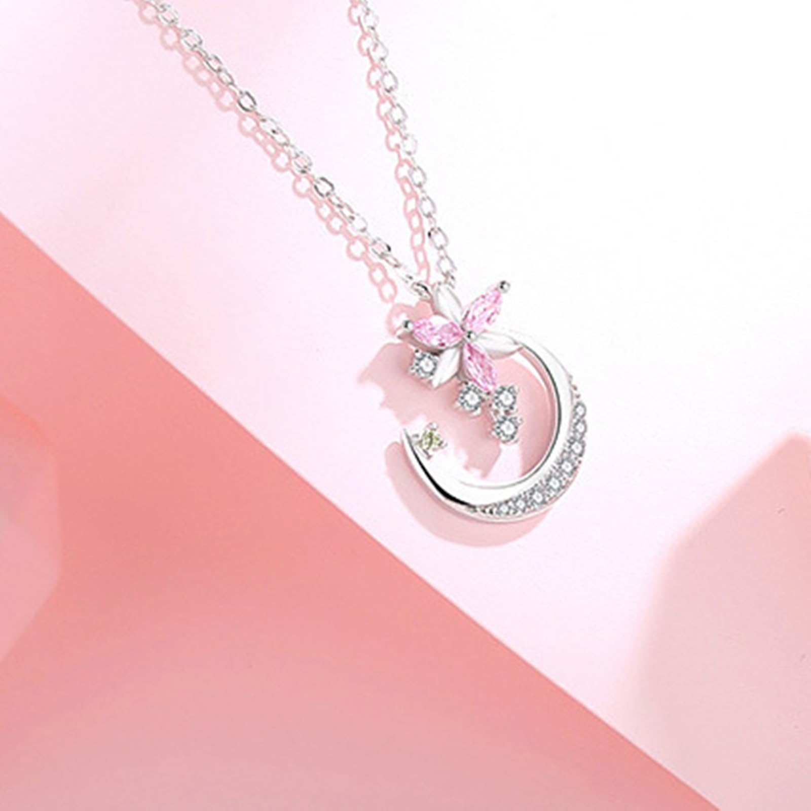 Collar para mujer, joyería de moda, collar con colgante de flor y luna de oro blanco de 9K/14K/18K con zafiro rosa creado en laboratorio y moissanita, cadena alargada: 40 + 5 cm