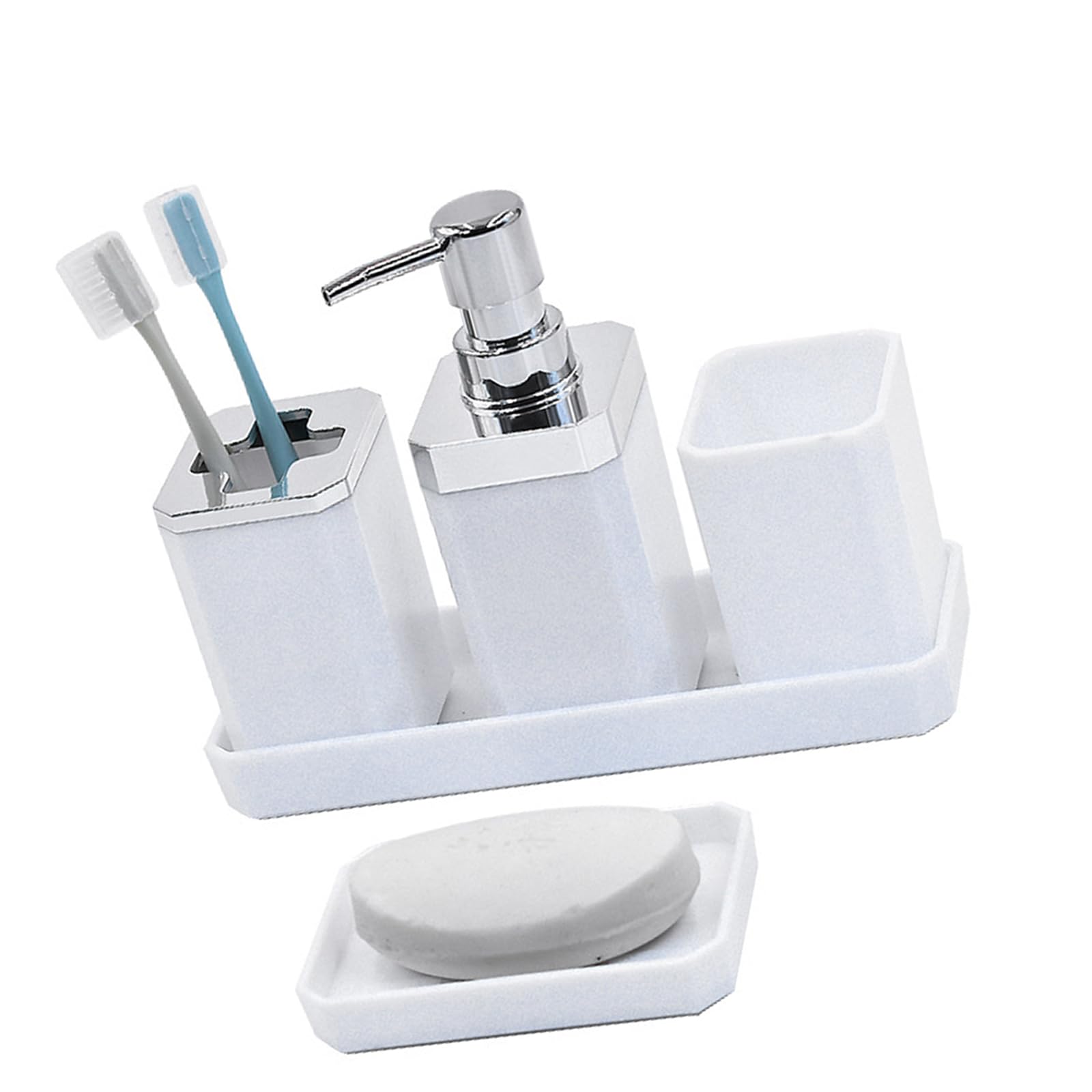 Nucelit 5Pieces Contemporary Bathroom Accessories Collection Soap Dispenser Toothbrush Holder Tumblers Vanity Tray Organizers Multipurpose Bathroom Holder