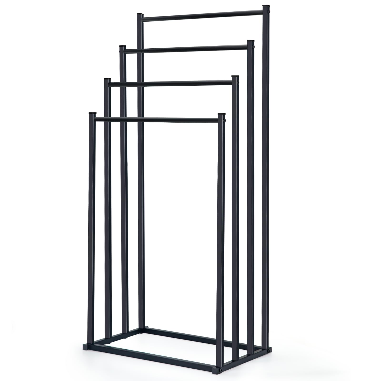 OWLKELA 4 Tier Freestanding Towel Rail, Metal Towel Rack, Towel Holder for Bath & Hand Towels Storage, Towel Drying Stand for Bathroom, Bedroom and Balcony, Black