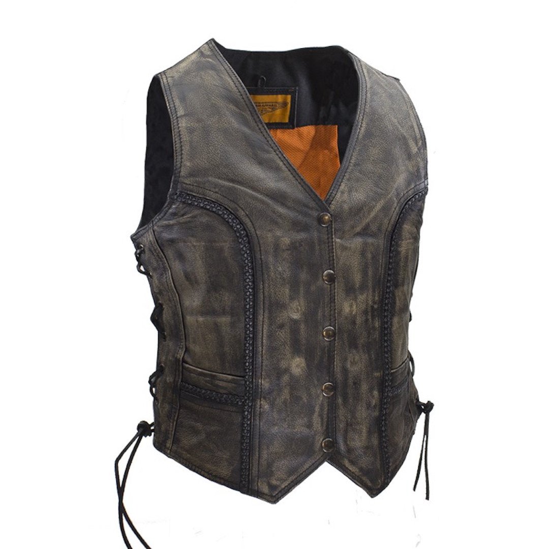 Women's Longer Cut Distressed Brown Leather Motorcycle Vest (M, Brown)
