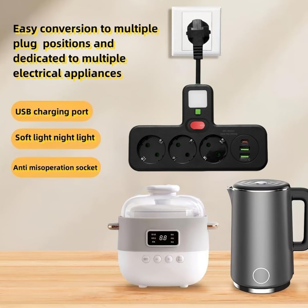Jouis Akım Korumalı Priz Çoklayıcı Gece Lambalı - 2500W Grup Uzatma Prizi, 3 EU Priz Girişi ve 2 Akıllı USB ve 1 Type-C Portu, Seramik Korumalı Masaüstü Şarj İstasyonu