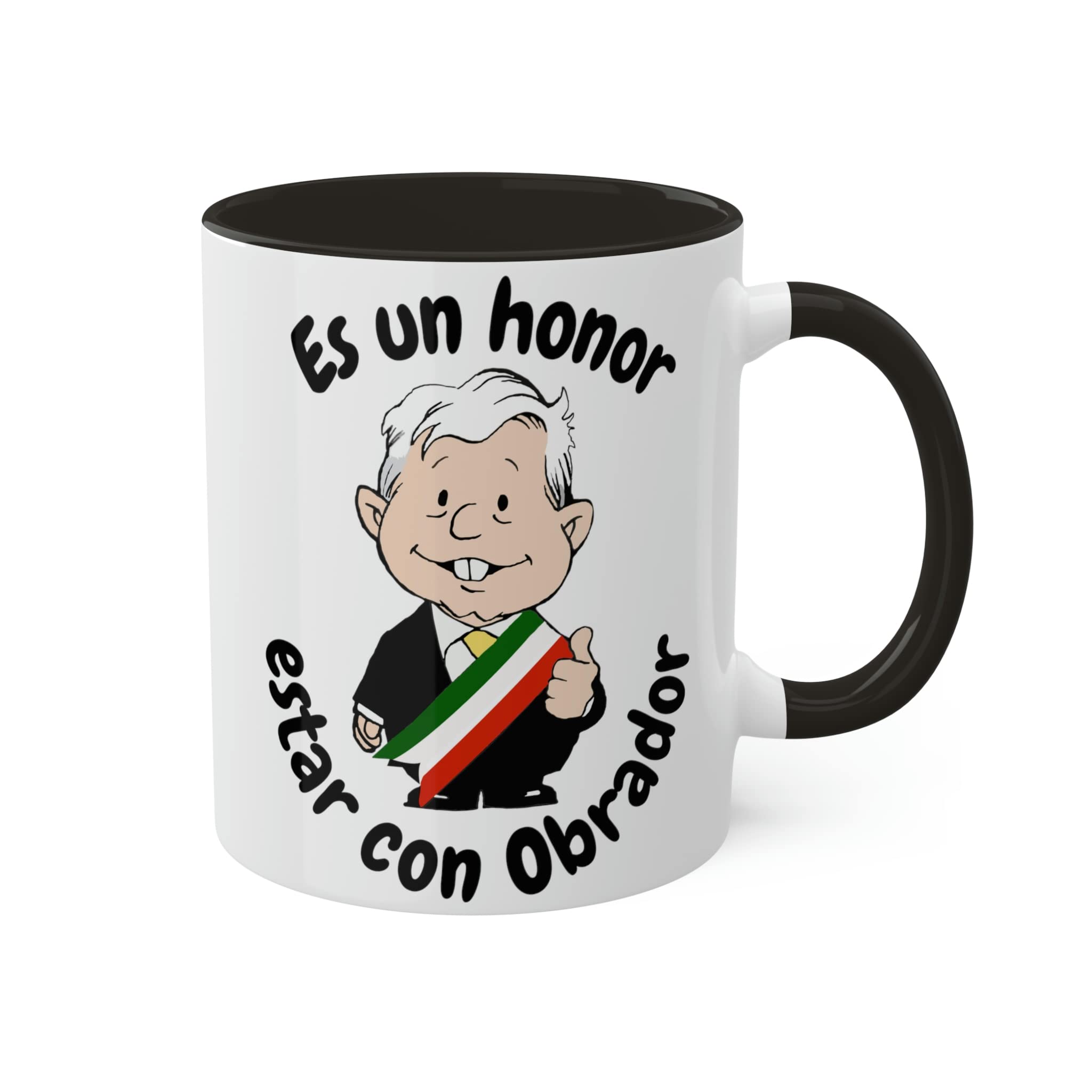 Funny AMLO Cartoon Mug – Just Chillin Muñeco AMLITO Ceramic Coffee Cup, White With Colorful Rim & Handle (Red) - View #13