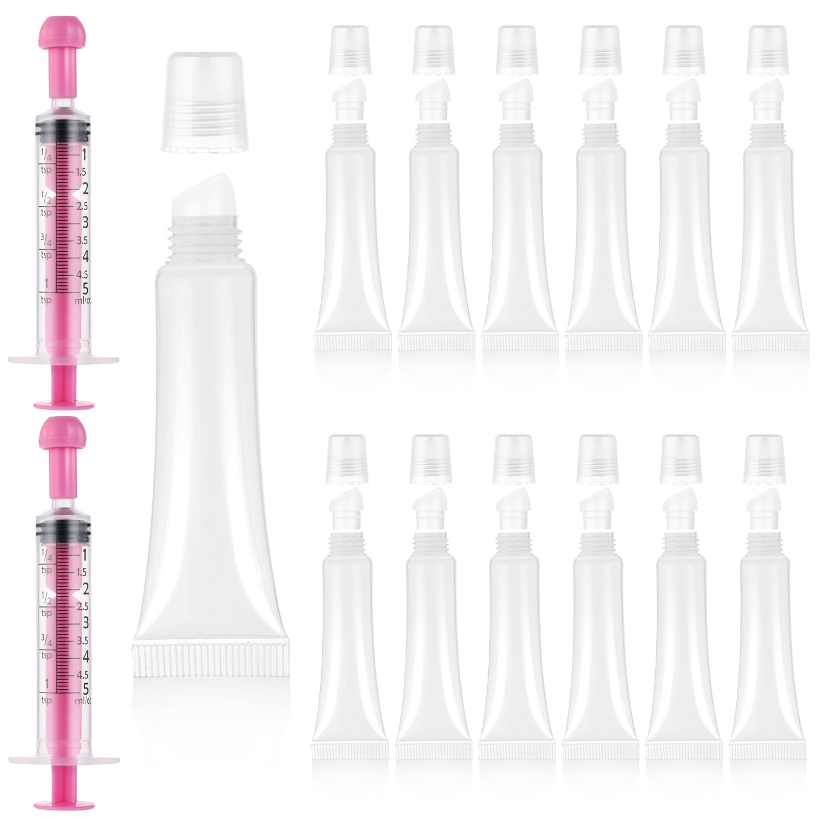 DIVINA VITAE 12Pcs Mini Lip Gloss Tubes 8ml Empty Lip Balm Tubes with 2Pcs 5ml Syringes Clear, Refillable Lip Balm Squeeze Tube for Lipstick Samples Lip Balms DIY