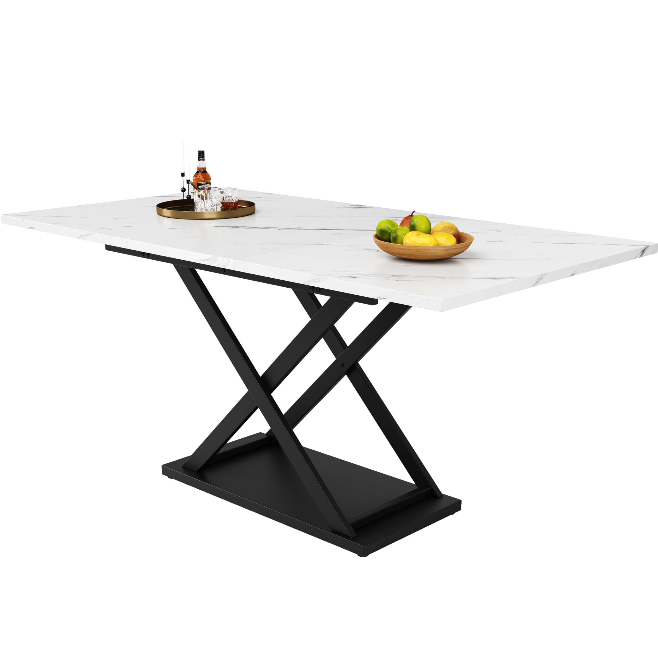 Rozsuwany stół do jadalni 120/160 x 80 cm, stół kuchenny z marmurowym wzorem, blat stołu z płyty MDF, metalowe nogi krzyżowe, nowoczesny stół do jadalni biało-czarny dla 4-8 osób, stabilny stół