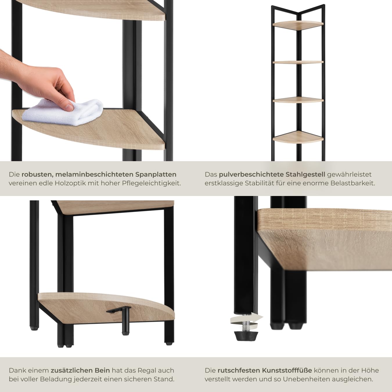 tectake® Eckregal stehend, Nischenregal mit 5 Ebenen, Wandregal Holz, Industrial Bücherregal, Eckschrank, Leiterregal, Zimmer Deko, 30 x 30 x 150 cm - Industrial Holz hell, Eiche Sonoma