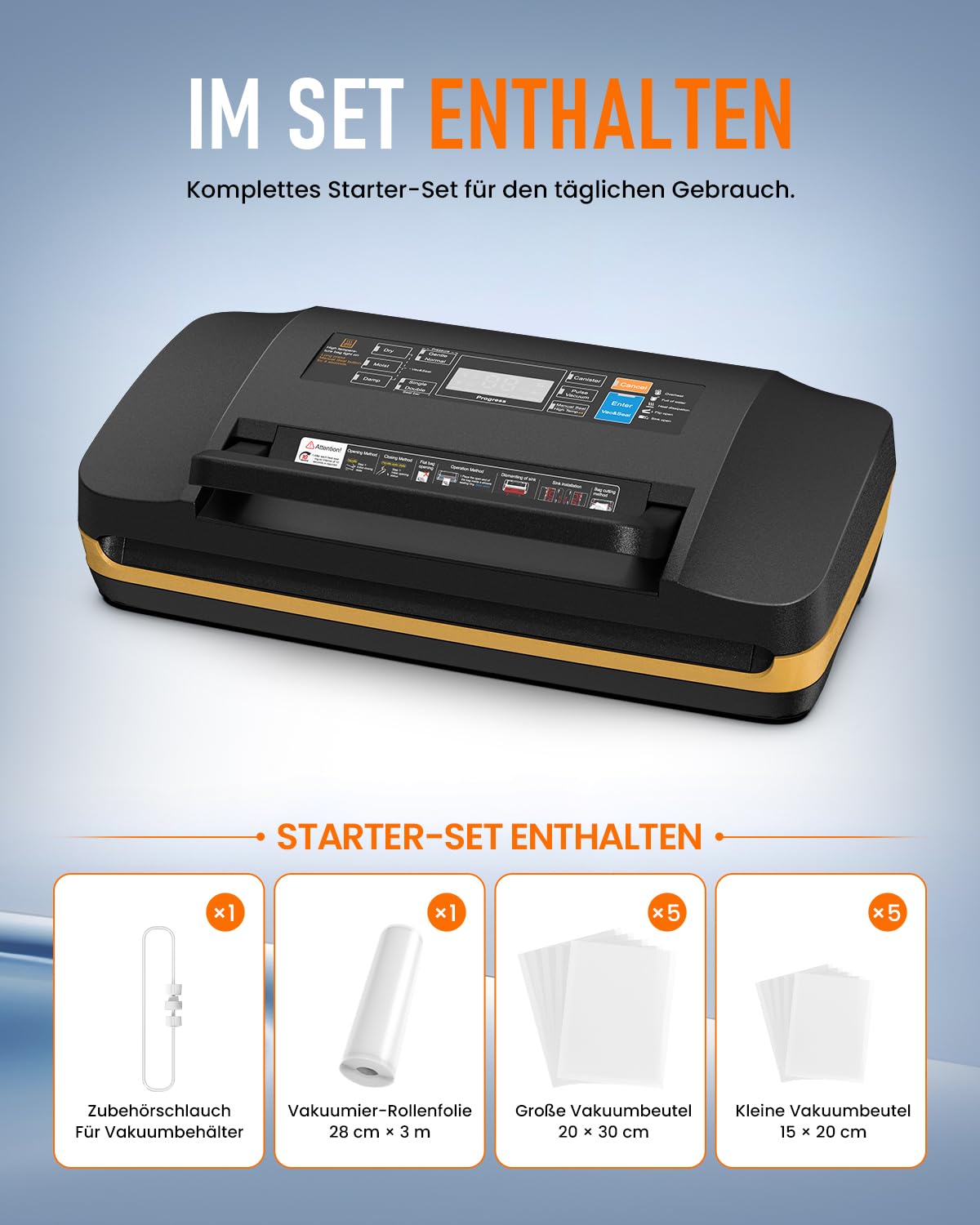 Vakuumiergerät 95 kPa Profi 18-in-1 doppelte Schweißnaht Folienschweißgerät mit Cutter Rollenfach Trocken-Feucht-Modus Sous Vide
