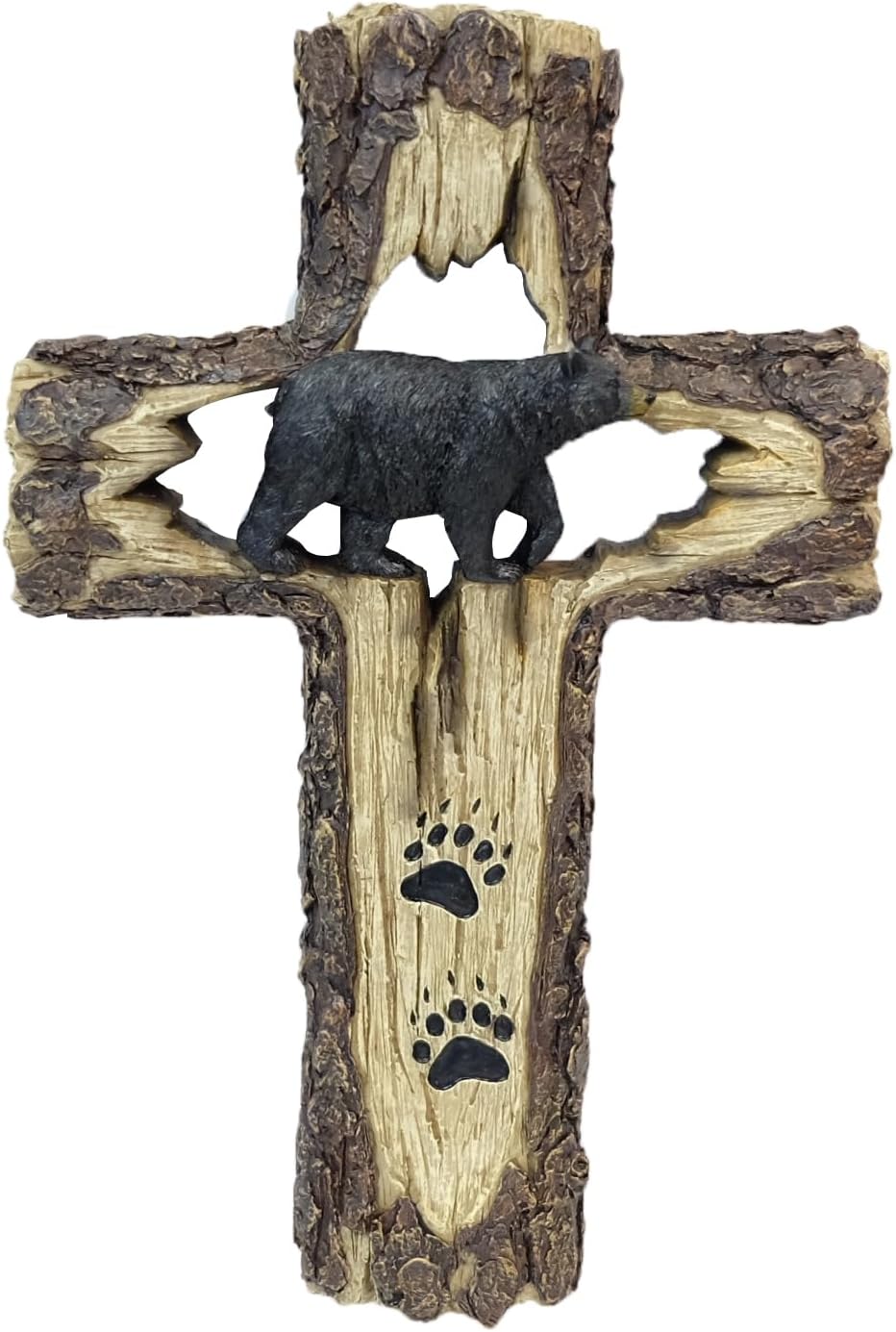 De Leon Collections Polyresin Faux Tree Bark Cross with Black Bear Rustic Woodland Accent Hanging Wall Cross Décor