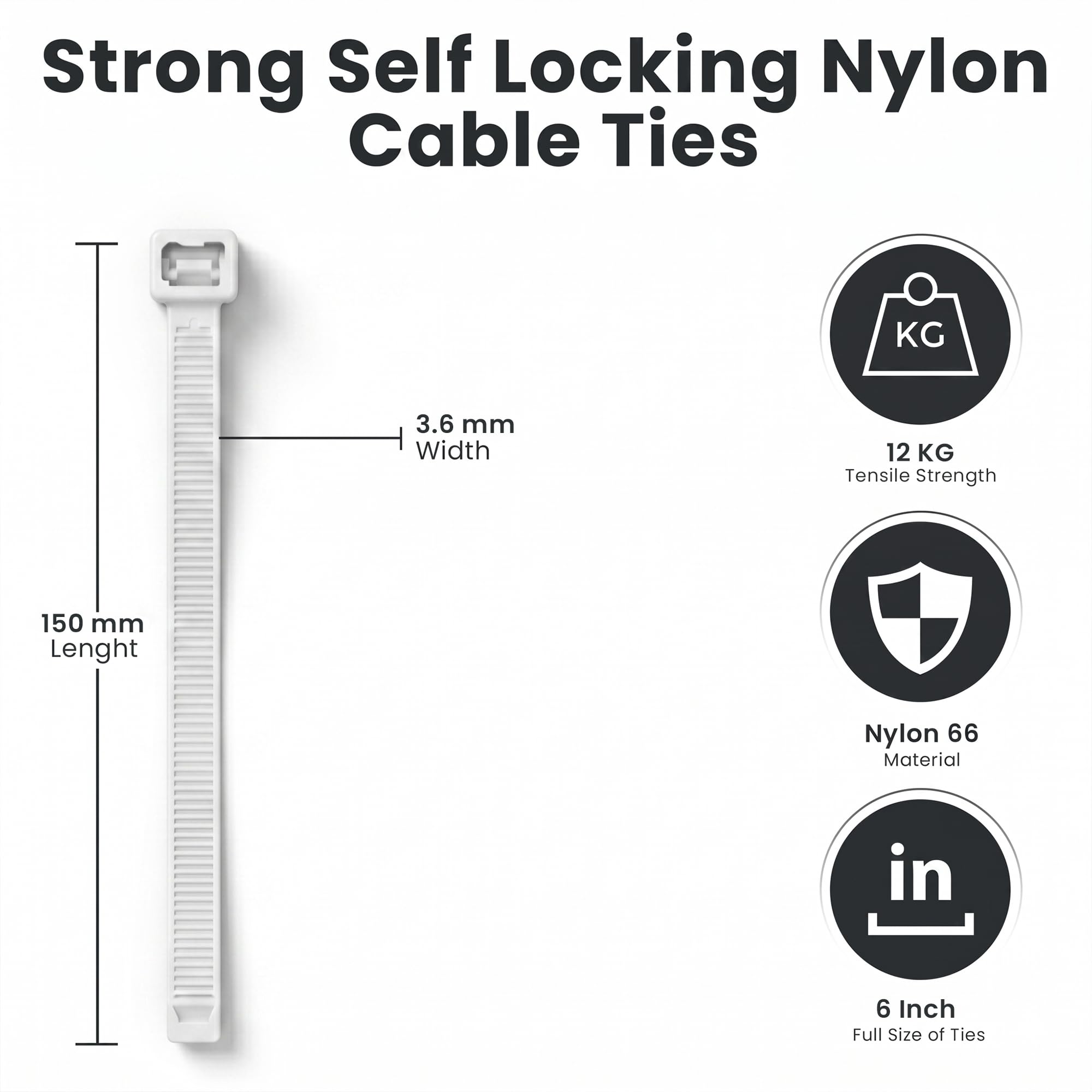 Shivansh Technology Nylon Cable Zip Tie White 6"inch | 150x2.5 mm | 100pcs 4