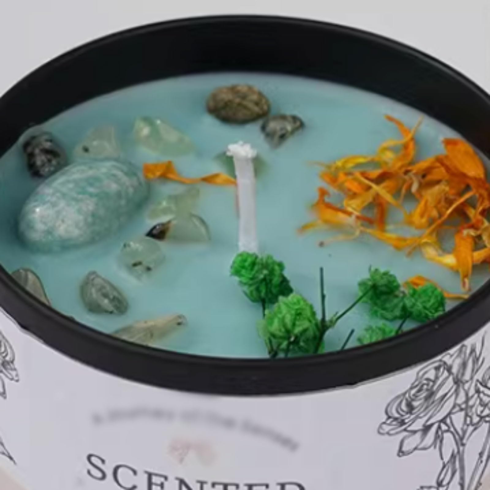 Compacto Velas de lámina de hierro, velas en tarro reutilizables con cristales y flores secas, hechas con cera de soja y aceites esenciales botánicos no es picante(Osmanthus Green Tea)