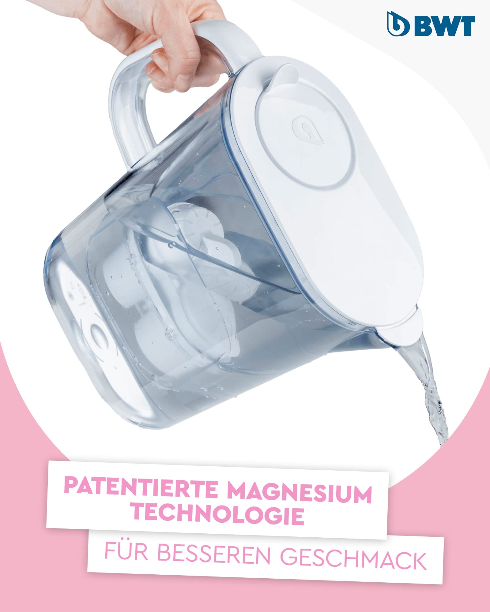BWT Wasserfilter AQUAlizer 2,6l + 2 Magnesium Filterkartuschen. Wasserfilter Trinkwasser für Speisen & Getränke. Die Kanne filtert Kalk, Chlor, Blei & Kupfer. Tischwasserfilter Aktivkohle
