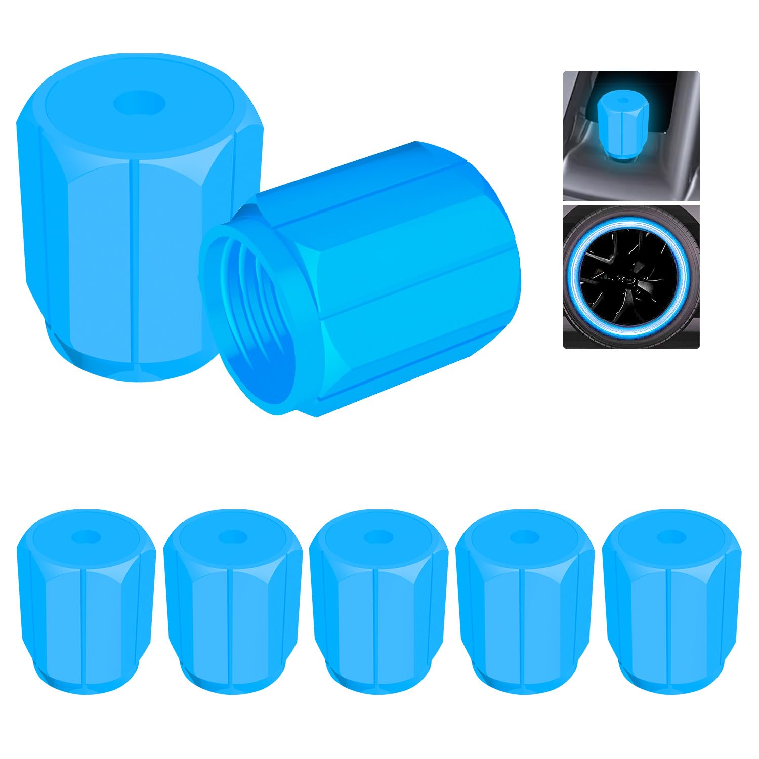 Glowing Tire Valve Caps, 5 Pack Universal Fit Valve Stem Caps - Easy Install, Leak-Proof Tire Air Caps for Cars, Trucks, SUVs, Motorcycles, Bikes(Blue)