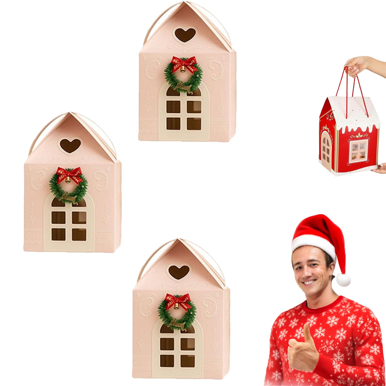 Christmas Wonderland Cottage Gift Box, 3D Pop Up Christmas House Gift Boxes with Handle, Paper Treat Boxes for Holiday Party Favors, Cookie Candy Packaging, Festive Goodie Bags Decorations (Pink3PCS)