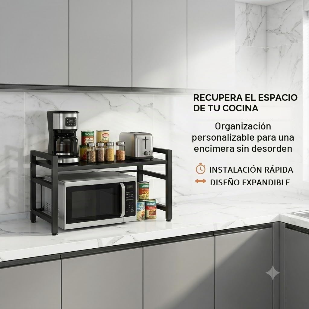 Estantería extensible para horno microondas, estante de cocina de hasta 30 kg, longitud ajustable (32-6 cm0), nivel de hasta 42 cm, organizador de encimera para cocina, salón, garaje y otros