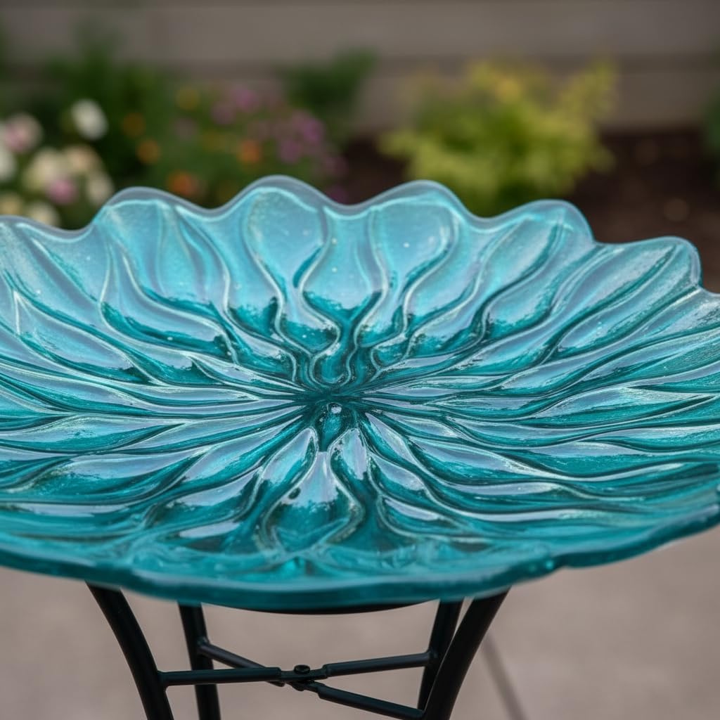HONGLAND Bird Bath for Outside,15" Diameter Large Glass Birdbaths for Outdoors,Detachable Bird Baths Bowl with Metal Stand for Garden Patio Lawn Decor,19" Height - Green