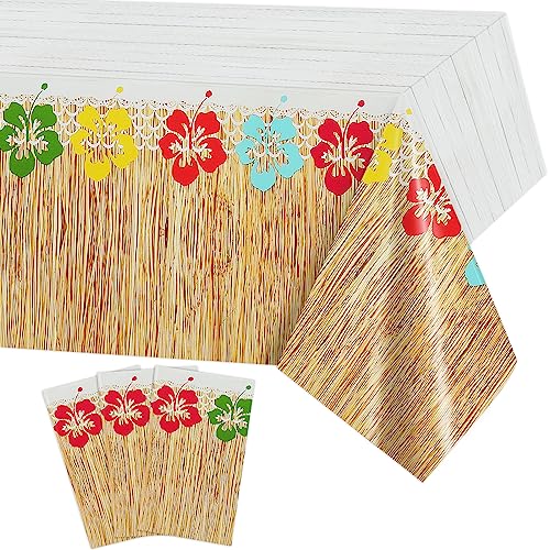 PHOGARY 3 Pieces Hawaiian Luau Party Tablecloth Grass Skirt Tablecloths Wood Grain Flowers Plastic Table Covers Waterproof Table Cloth for Hawaii Luau Party Decoration Supplies, 51 x 86 inches