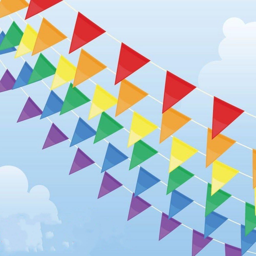 Joykey Multi-color Bunting Banner 100M 150 Flags Nylon Bunting Pennant Banner Triangle Decoration Flag for Wedding Birthday Party Outdoor Garden