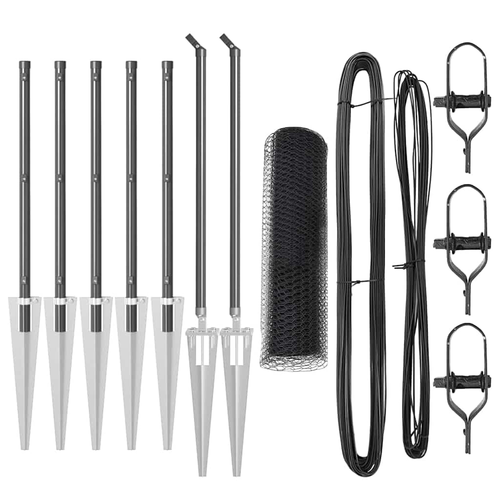 Grey Fence Post Set 10 x 1m Steel PVC 25mm Mesh Outdoor Garden Perimeter Barrier Weather Resistant Corrosion Proof Security Panel with 7 Spike Posts