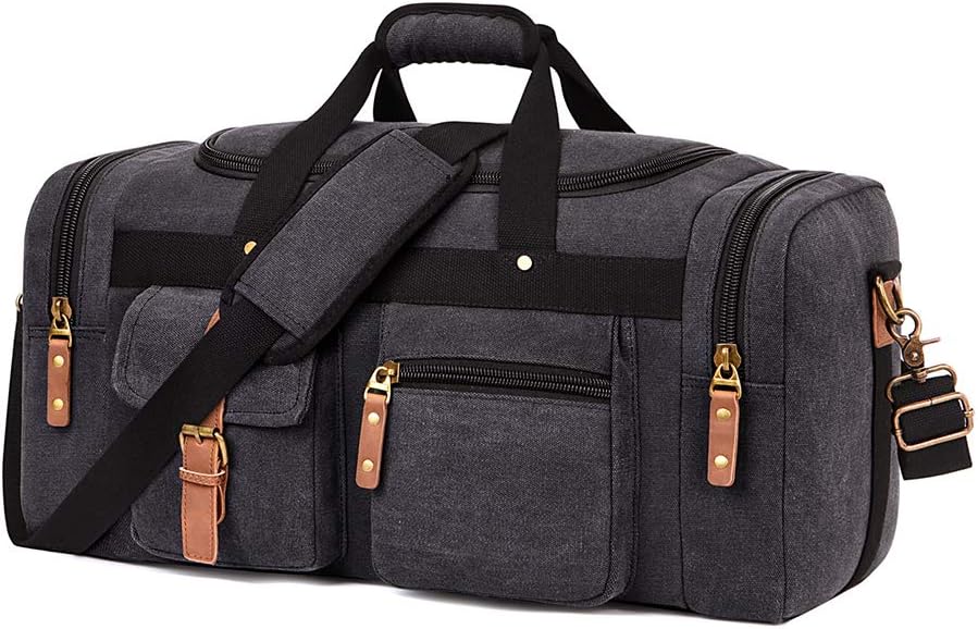 Plambag Large Canvas Duffel Bag Overnight Travel Tote Weekend Bag Dark Gray