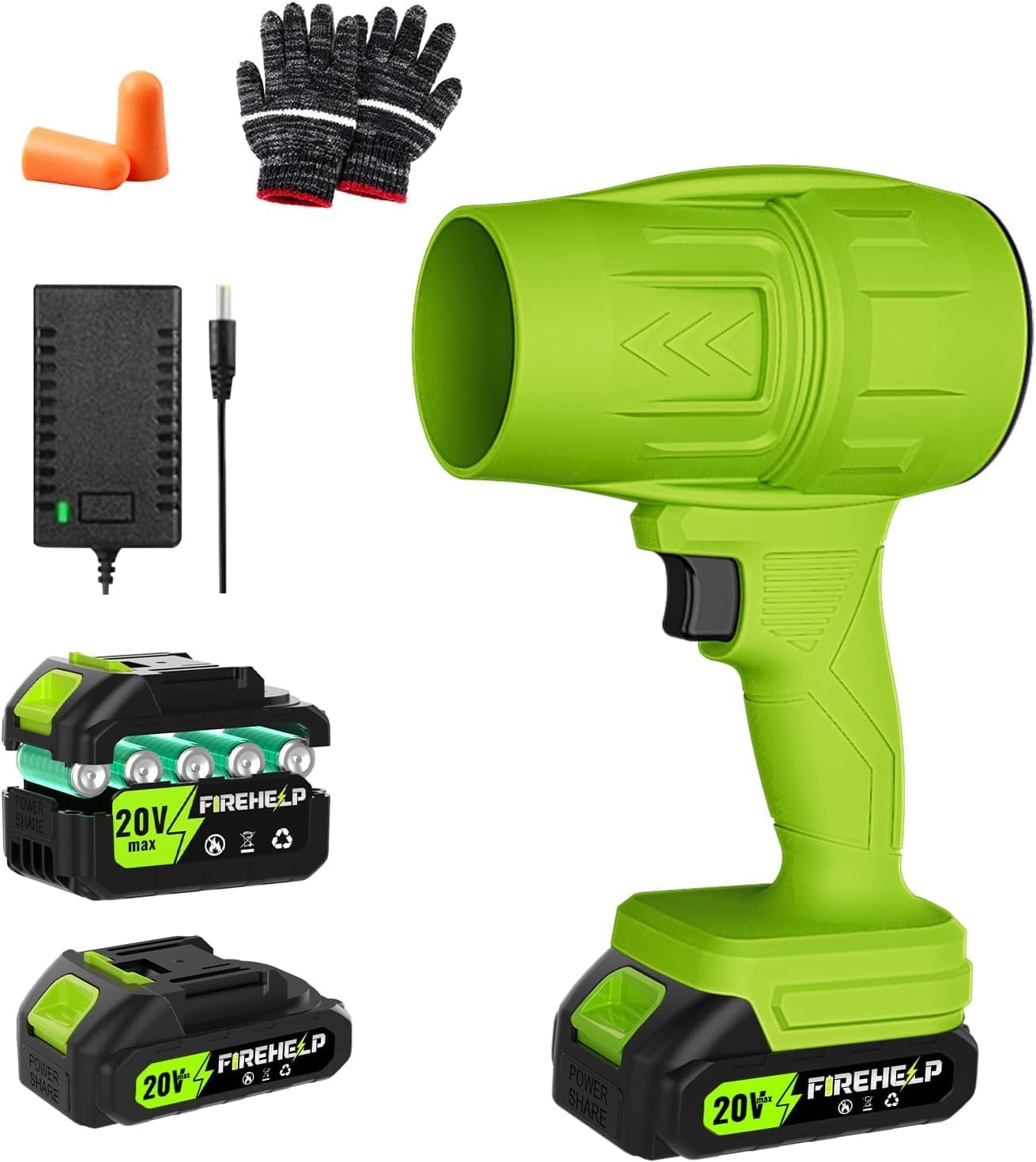 Cordless Turbo Jet Blower, 550CFM 120MPH, Portable Leaf Blower with 2 Batteries & 2 Extended Nozzles (Green) (yellow2b)