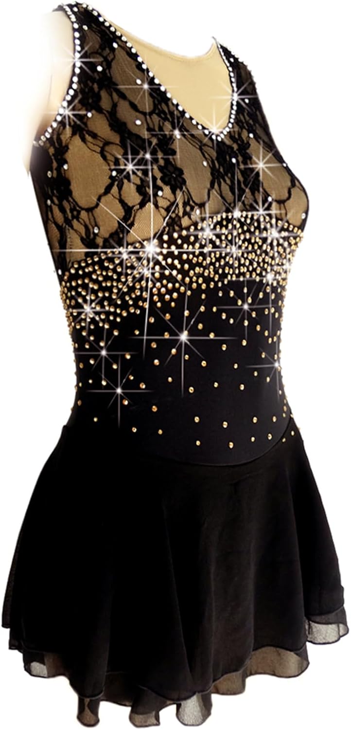 LIUHUO Ice Figure Skating Dress Girls Women Black Lace Stretchy Fabric Solo Competition Dancewear