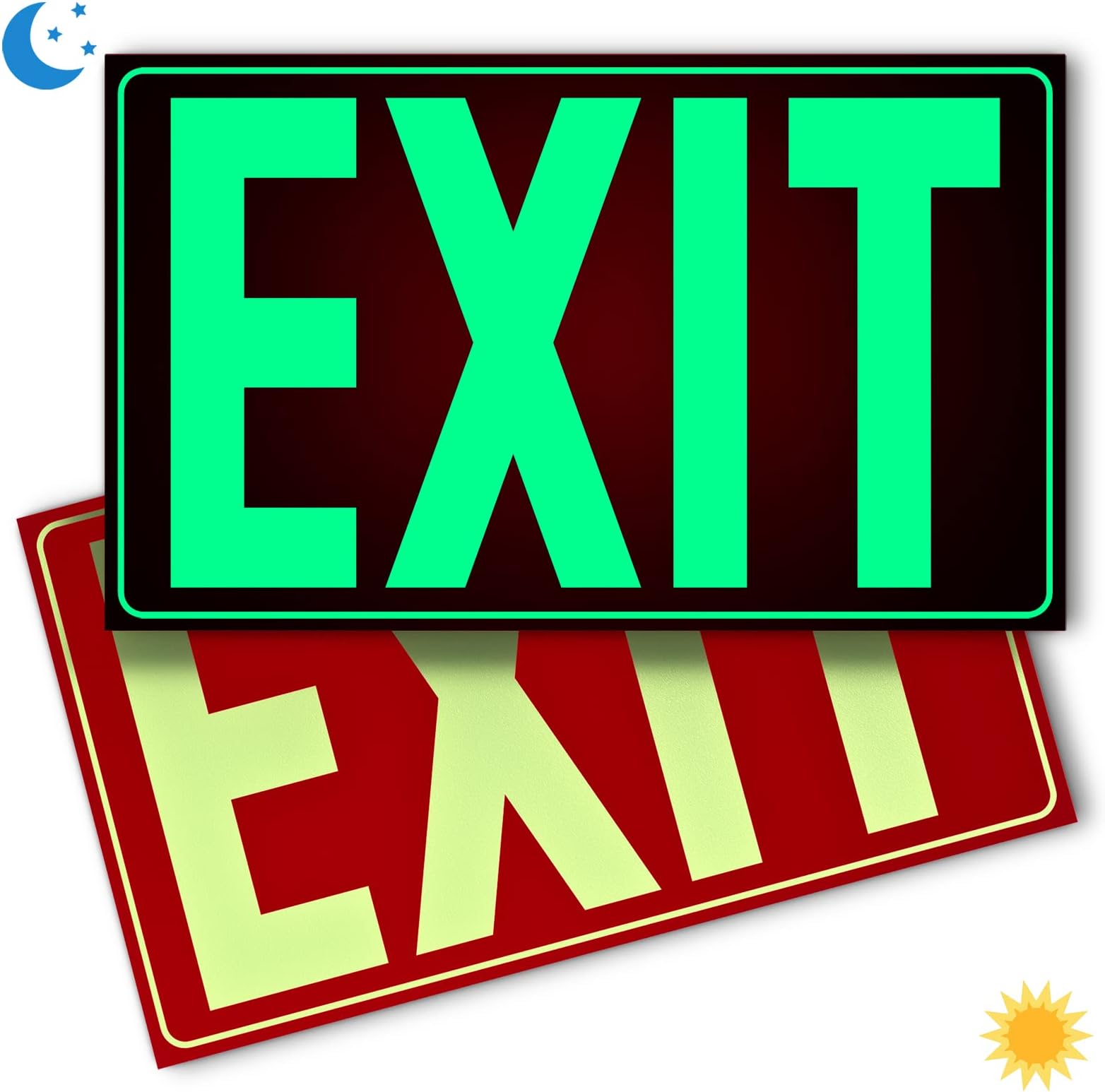SASELUX Glow In The Dark Photoluminescent Exit Sign Red - Adhesive Backing โ UV Inks On Tear-resistant PVC - Non Electrical - Scratch Resistant -12 x 7 Inches For 50 Feet Visibility (2 Pack)
