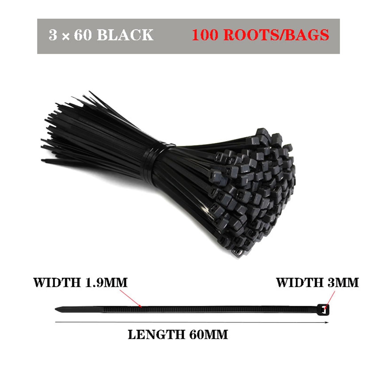 100 bridas de nailon de plástico autoblocante para bridas de cables en blanco y negro, anillo de sujeción, juego de bridas para cables industriales (color: negro, tamaño: 3 x 120) (negro 3 x 60)