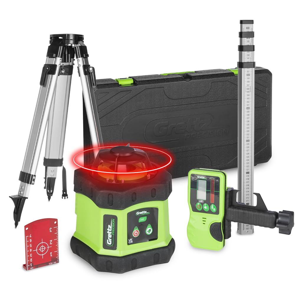 Grettz Green, Silver, Black G60 Red Beam Rotary Laser Level Kit – 400 M Range W/Receiver, ±3 Mm @30M Accuracy – Includes Aluminium Tripod, 2 M Staff, Hard Carry Case – Professional Indoor & Outdoor Levelling Tool