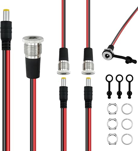 SDTC Tech 3 juegos 0.217 x 0.083 in 10A DC Power Jack Socket Roscado hembra adaptador de conector de montaje y 12V macho DC Power Pigtail Cable con