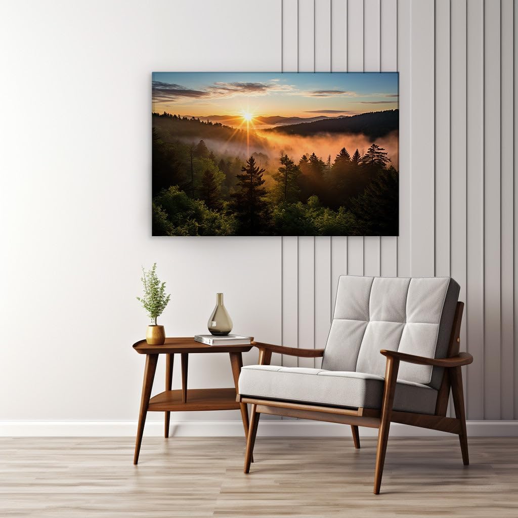 Canvas for Living room. Dawn's Embrace: A Serene Symphony of Light and Mist in the Mountain Forests, 27 x 18 inch Canvas Wall Art - Contemporary Masterpieces - Modern Home Decor