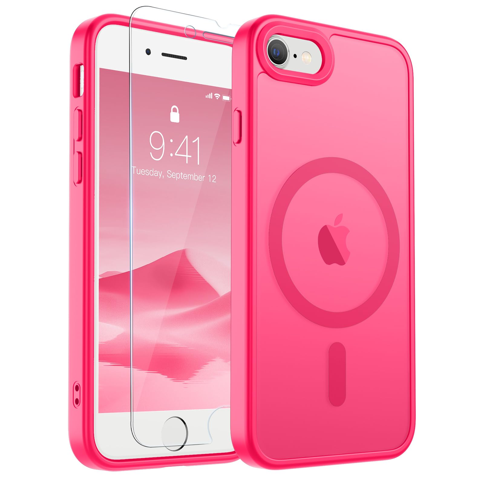 SUPFINE Magnetic for iPhone SE Case 2022 (3rd)/2020 (2nd), iPhone 8 Case | With Screen Protector, Translucent Matte, Compatible with MagSafe, Military Grade Drop Proof, Hot Pink