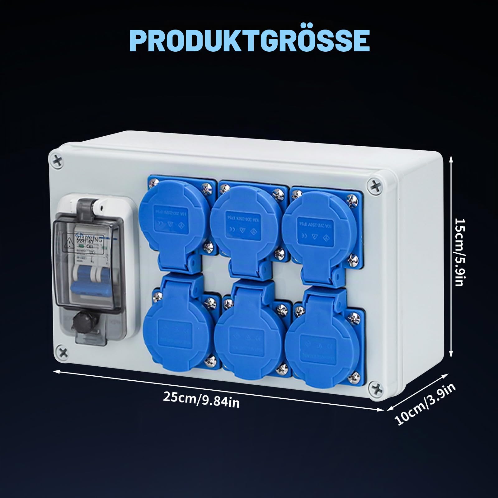 Baustromverteiler16A - IP67 Wasserdicht Stromverteiler mit FI Schalter Verteiler 6 Steckdosen, für Drinnen und Draußen Baustromverteile, Werkstätten und Fabriken