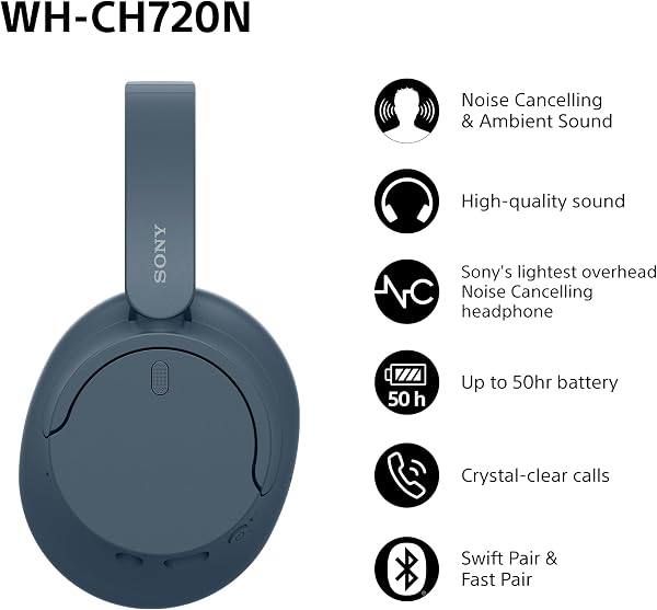 Sony WH-CH720N Wireless Bluetooth Noise Cancelling Over-Ear Headphones, Ambient Sound Mode, Lightweight Design, up to 50 hr battery life, iOS & Android - Blue - 1