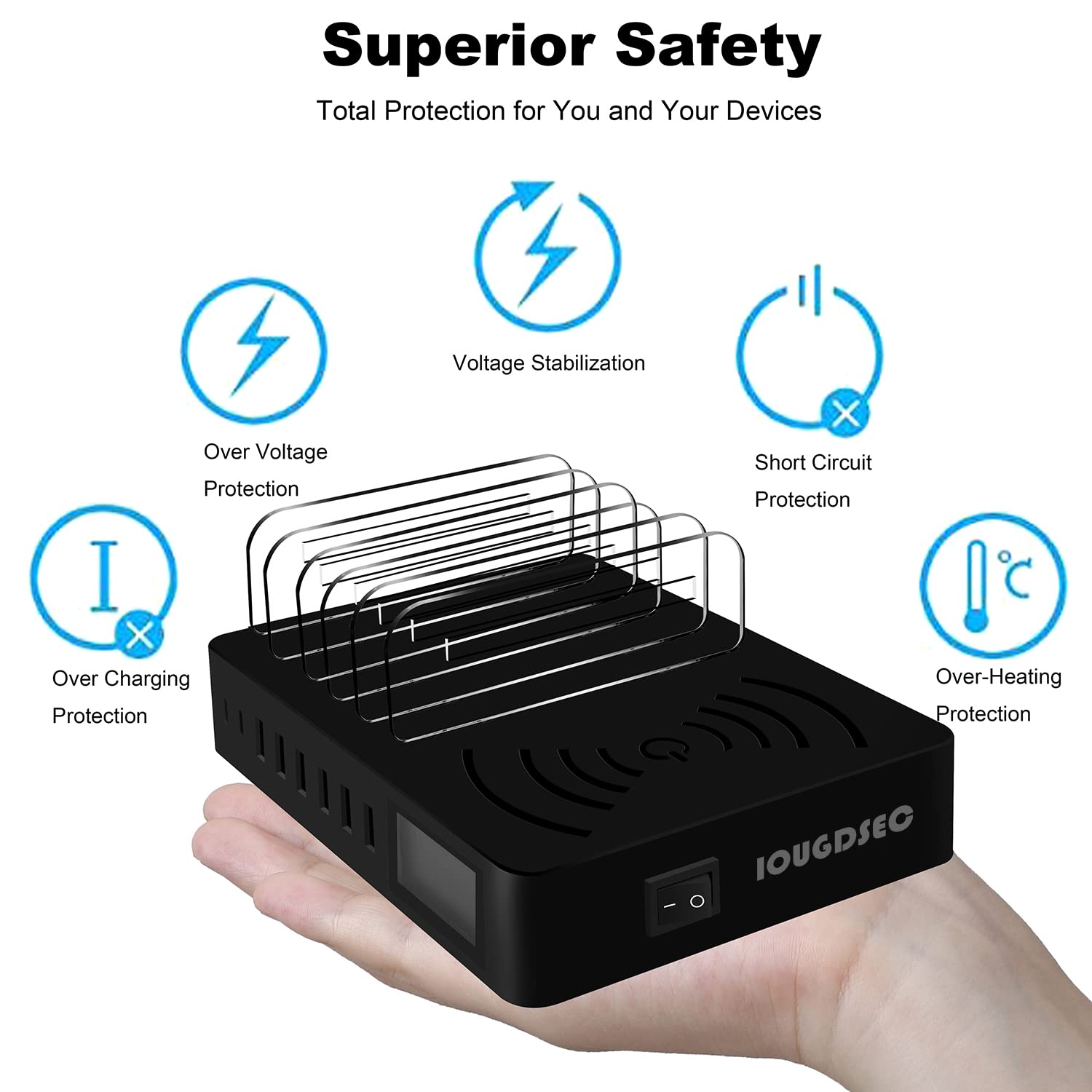 Stazione di ricarica con interruttore, PD20W QC3.0, caricatore rapido, 8 porte con 1 carica a induzione, senza fili, caricatore desktop per cellulare, compatibile con iPhone, ipad, Samsung