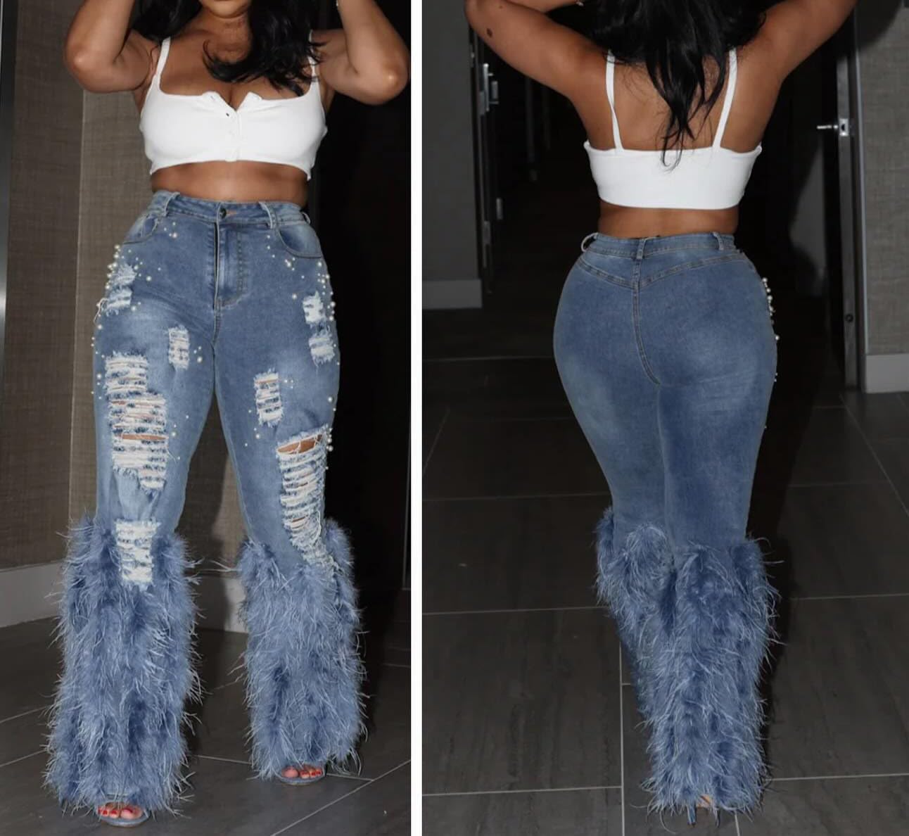 Tbahhir Women's Skinny Ripped Jeans Pearl Distressed Stretchy High Waisted Tassels Slim Fit Denim Pants Y2K Streetwear - Image 5