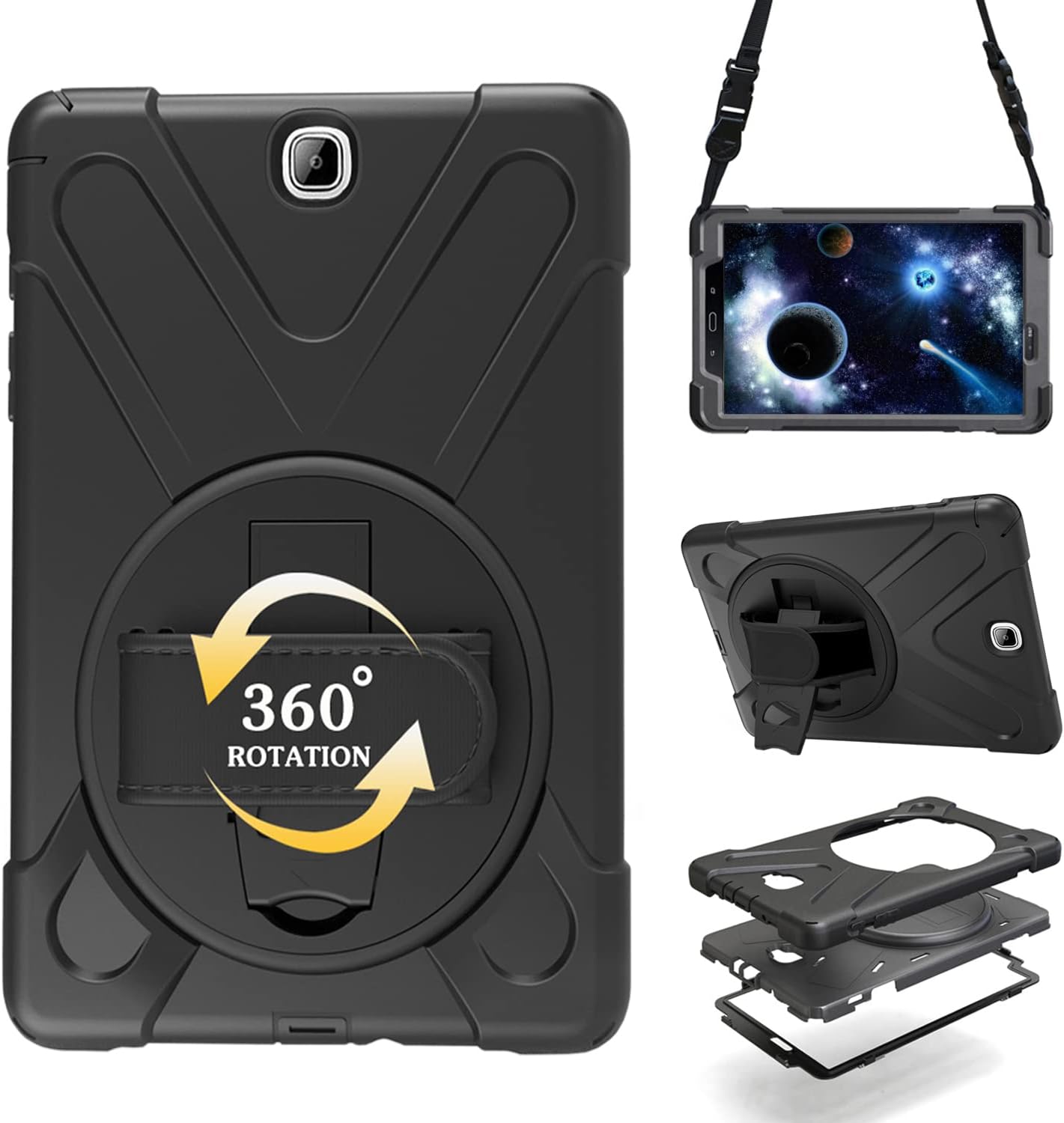 Shockproof Case for Samsung Galaxy Tab A 9.7'' 2015 (SM-T550 T555 SM-P550 P555),Portable Heavy Duty Tablet Cover with 360 Rotating Stand Handle Strap & Shoulder Belt Carrying Case (New Black)