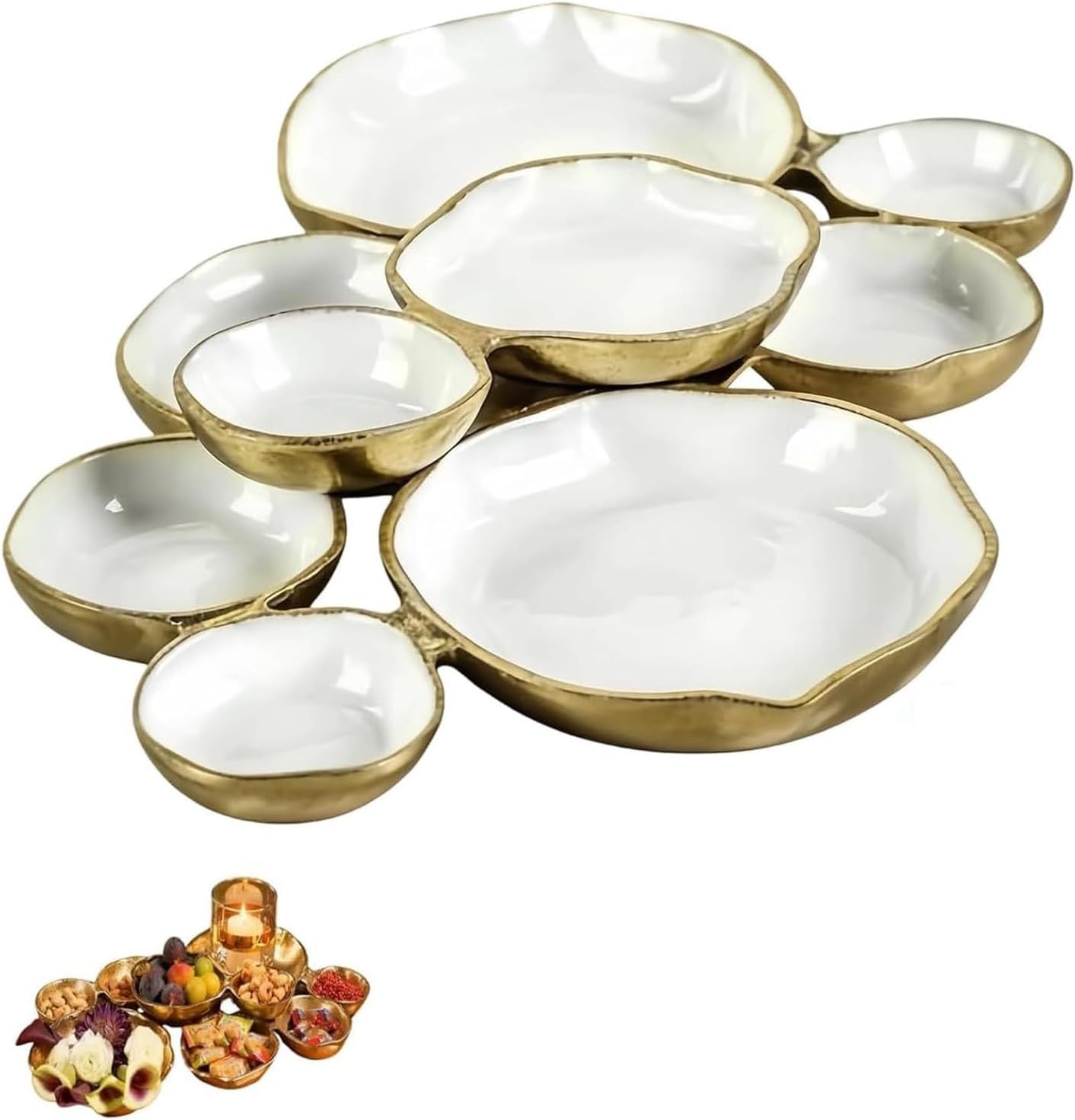 Cluster Accent Bowls, Cluster of 9 Round Serving Tray, Multi-Compartment Centerpiece with Compartments, Decorative Snack and Appetizer Serving Dish for Dining Room Wedding Parties(Gold)