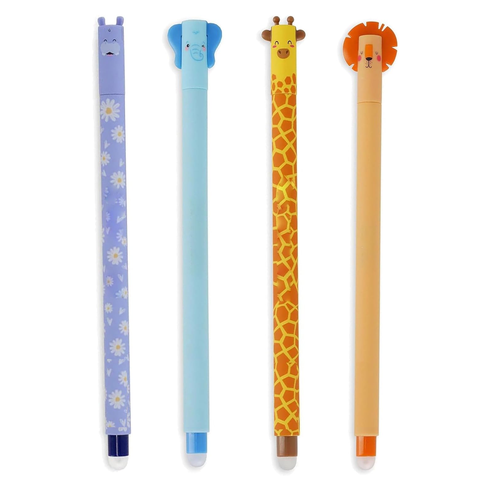 Genérico Juego de 4 bolígrafos de gel borrables con tinta borrable Wildlife, hipopótamo, elefante, jirafa y león. Se puede borrar sin consumir la hoja