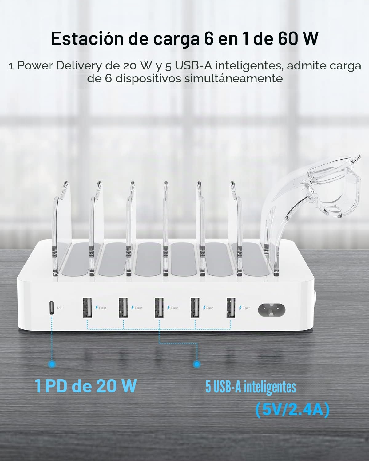 SooPii 60W Estación de Carga de 6 Puertos, PD 20W USB C Carga rápida para lPhone 14/13/12, 2 en 1 i Watch Holder, 6 Cables Cortos incluidos para teléfonos, tabletas y Otros, Blanco