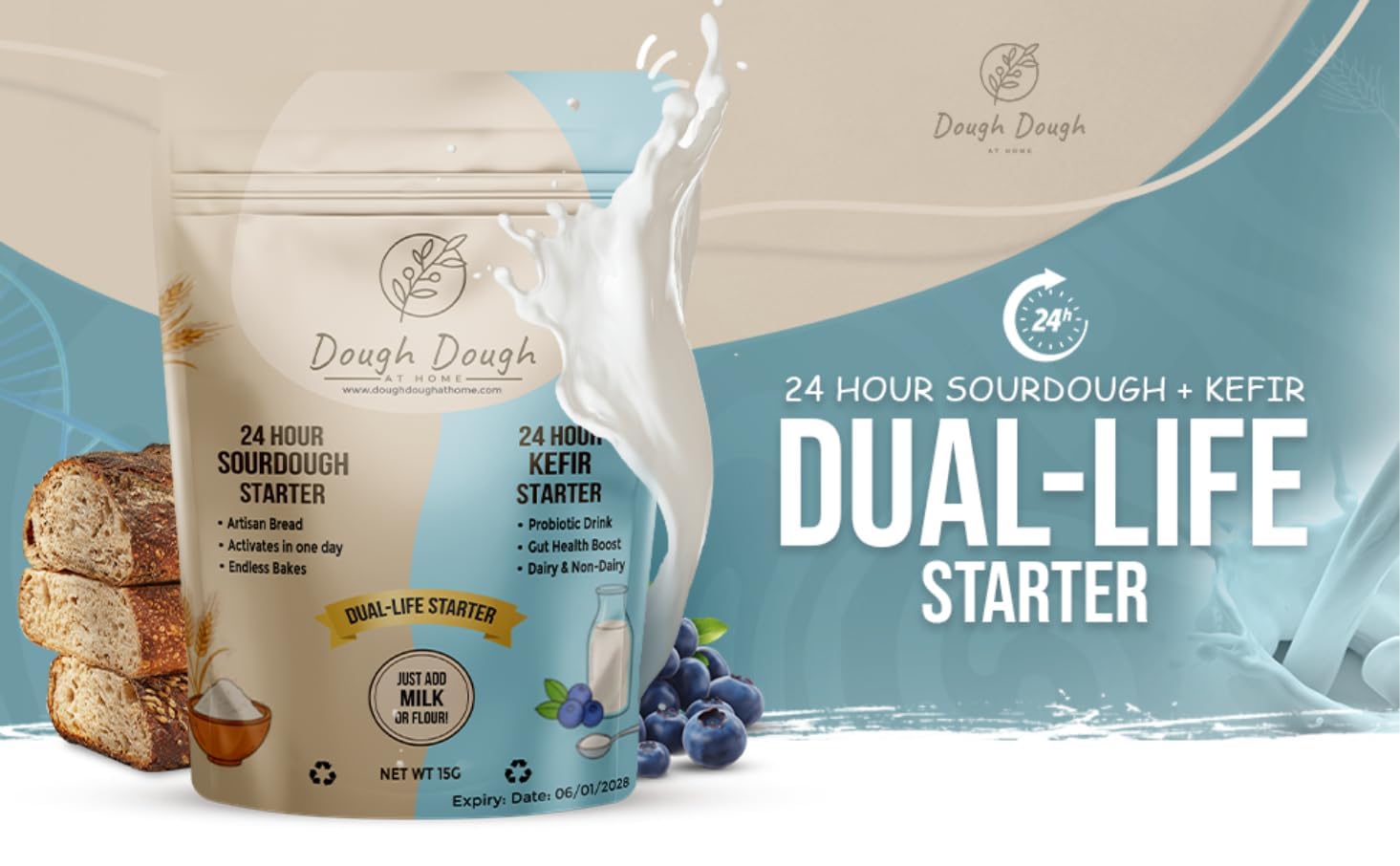 Dough Dough at Home: Cultivo de Masa Madre y Kéfir Todo en Uno – Dual Life Fermentación Rápida en 24 Horas – Para Pan y Leche Probiótica – Cultivos Vivos Naturales Activos