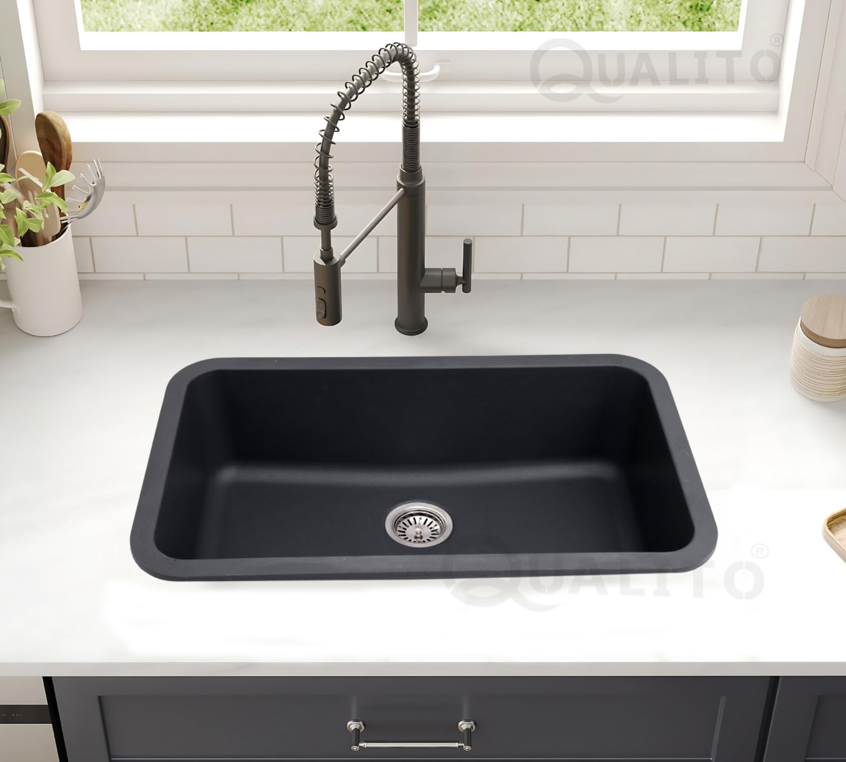 Qualito Granite Quartz Kitchen Sink 31x19 Inch Black Colour | Single Big Bowl Modern Sink | Matt Finish Kitchen Sink with Sink Coupling and Sink Waste Pipe | Sink for Kitchen (31x19 Inch Black) (B0D3Z23V88) Amazon Price History, Amazon Price Tracker