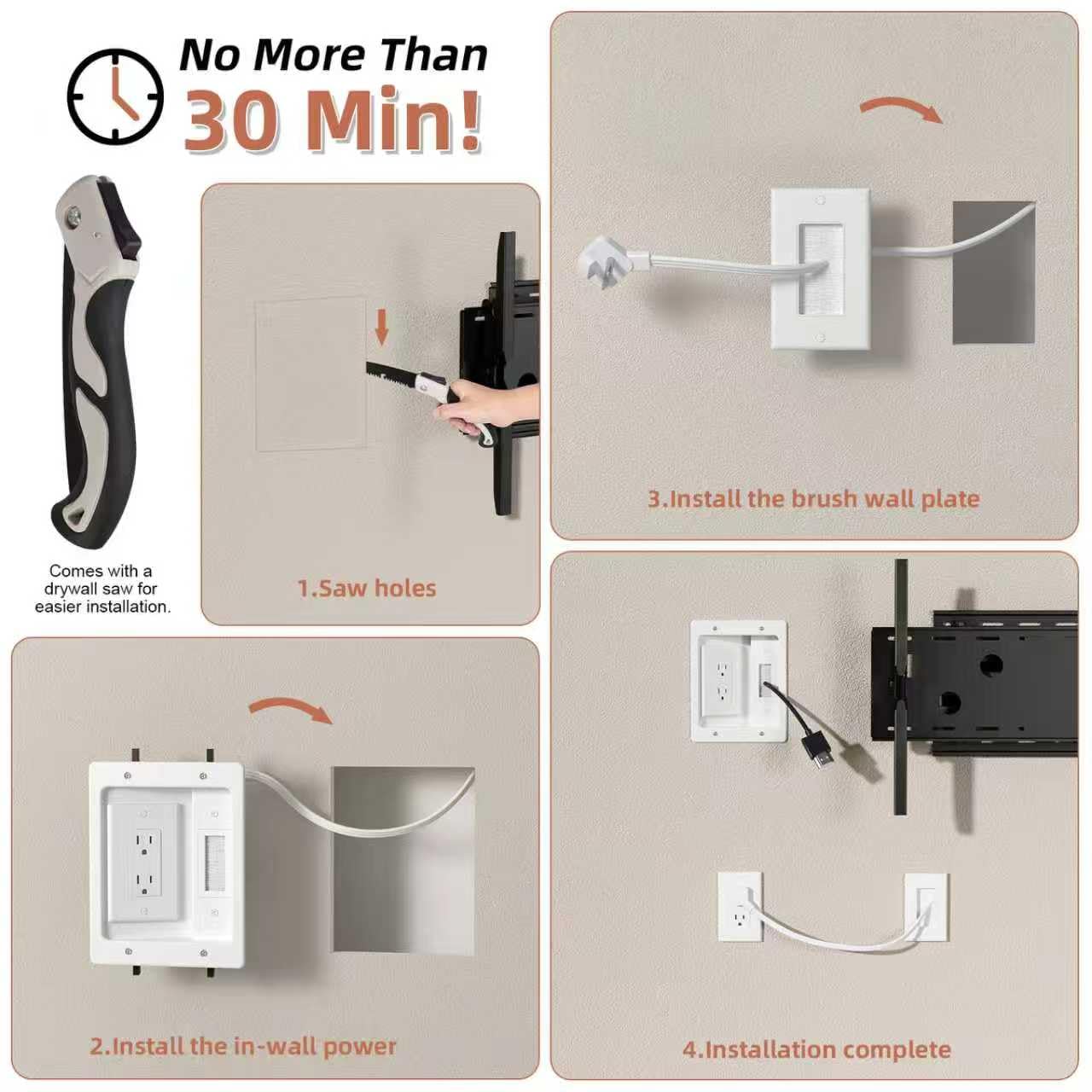 in Wall Cable Management Kit with Brush Wall Plate & Hole Saw - TV Cable Hider Wall Kit - Eliminated The Clutter,Includes 9.8ft Cord & 2 AC Outlets for Organized TV and Home Theater Setups