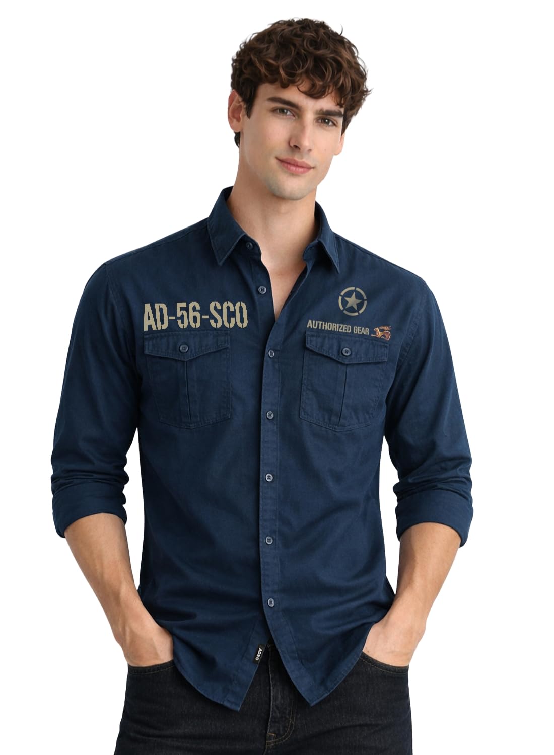 adro Mens Cargo Shirts in Regular Fit | Smart Dual Chest Pockets | Military Jacket Style | Beige Shacket Style Cotton Printed Shirt-picture-42