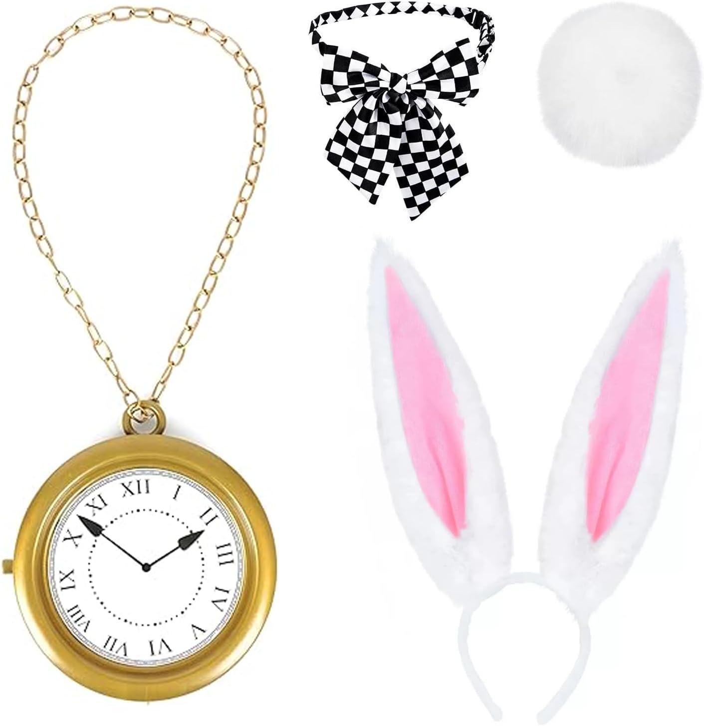 4 Pcs White Rabbit Costume Set, Bunny Ears Headband Tail Bow Tie and Clock Necklace Fit Easter Halloween Dress Up, Easter Costume Adult Accessories