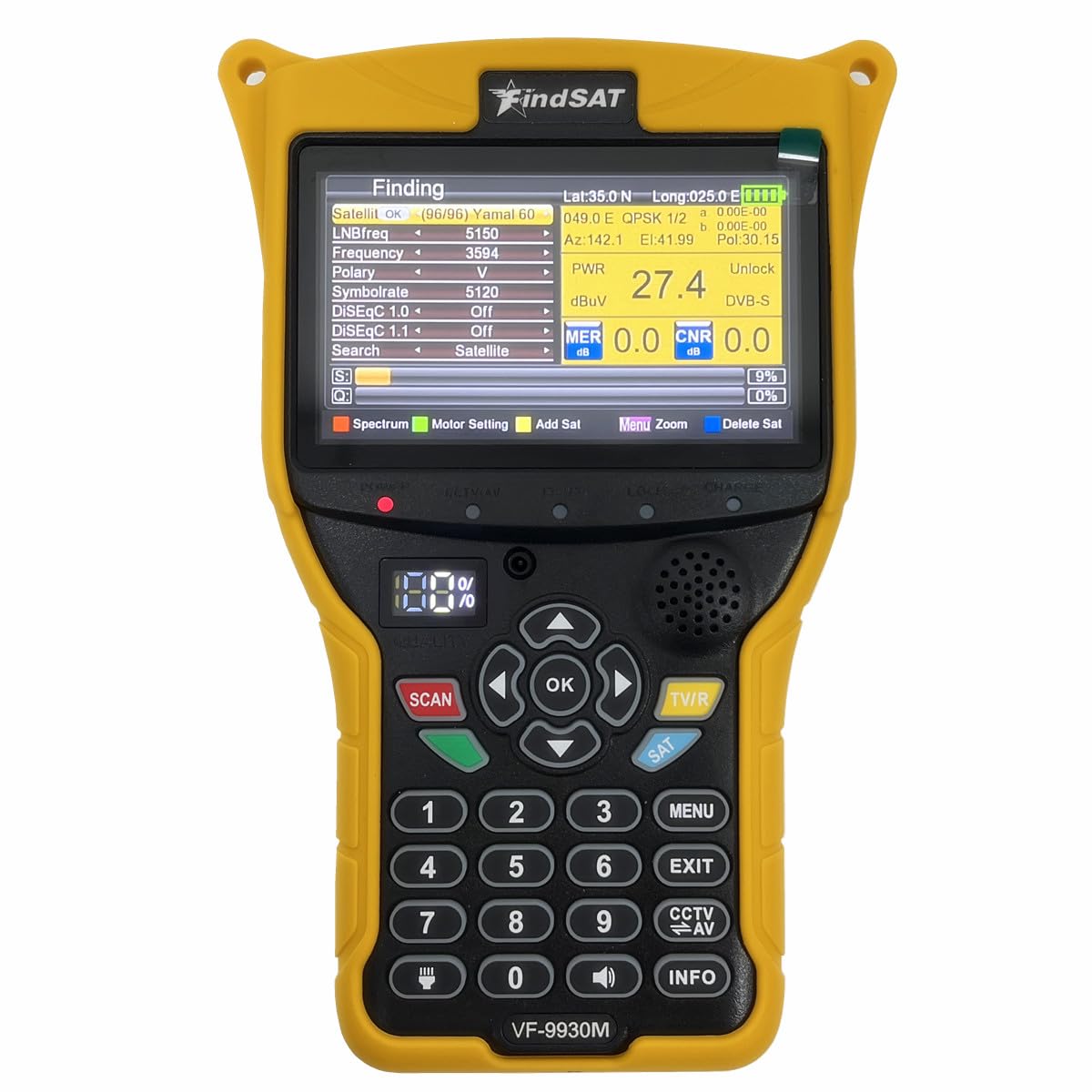 VF-9930 Max Full HD 1080P Misuratore di segnale satellitare digitale Supporto DVB-S/S2 DVB-T/T2/C Combo Ricevitore TV Analizzatore di spettro MPEG2 e MPEG4 e H.264 e HEVC H.265 (10 Bit)