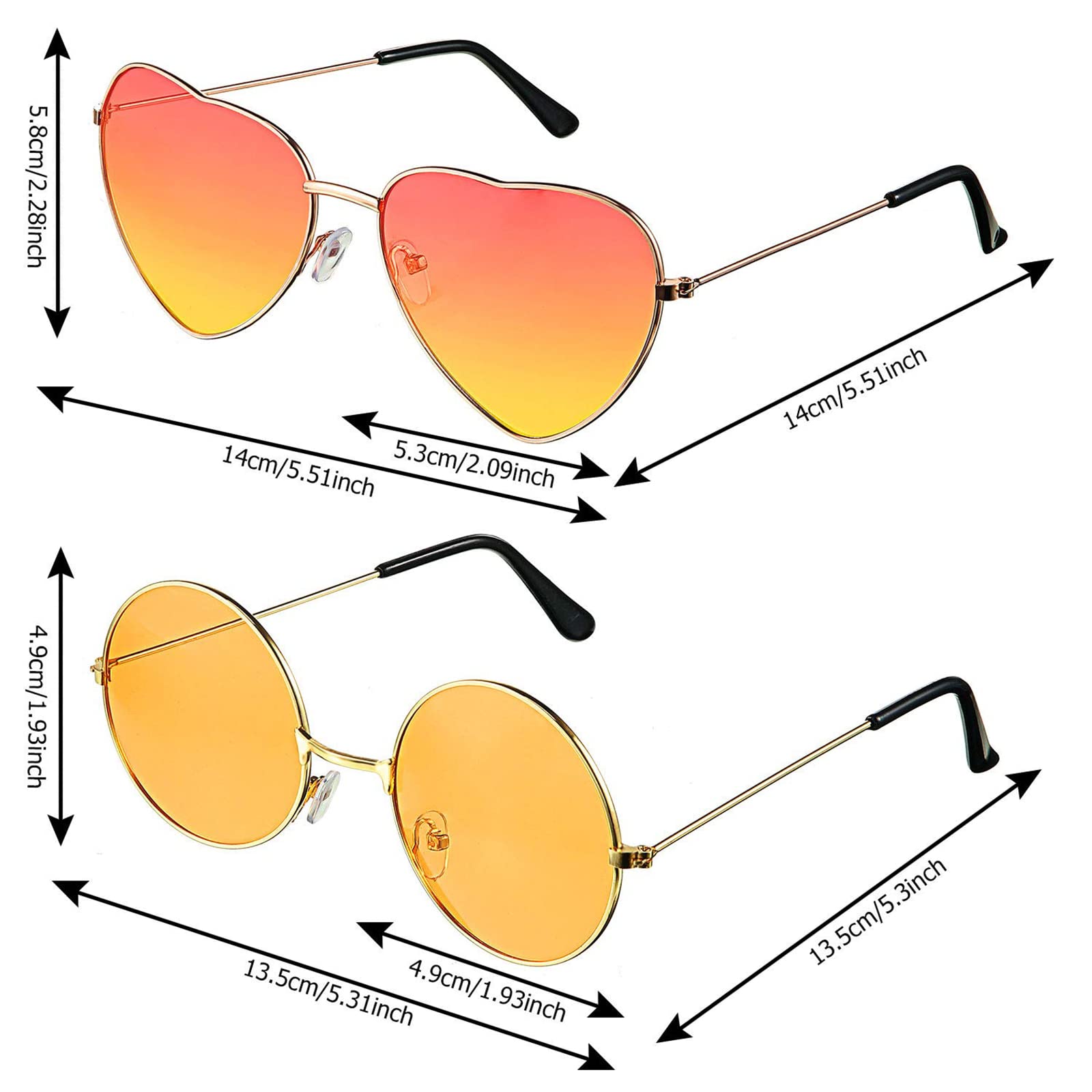 Rowjow 2 works Hipppy Glasses Retro Fancy Dress Sunglasses Heart & Round Sunglasses Cool Orange Coloured Sunglasses 60s 70s Festival Fancy Dress Costume Accessories for Women Men - Image 2