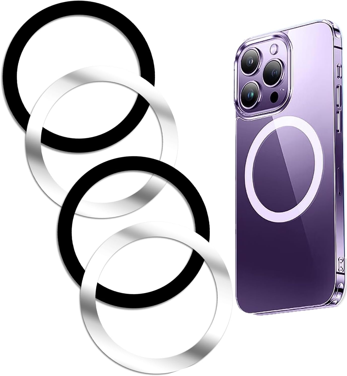 WYNK Magnetic Wireless Charger Metal Rings with 3M Sticker 4 PCS Compatible for Magsafe Charger,Compatible with iPhone 12/13/14/15/16/17 mini/Air/Pro/Pro Max and Samsung Galaxy(2 Black + 2 Silver)