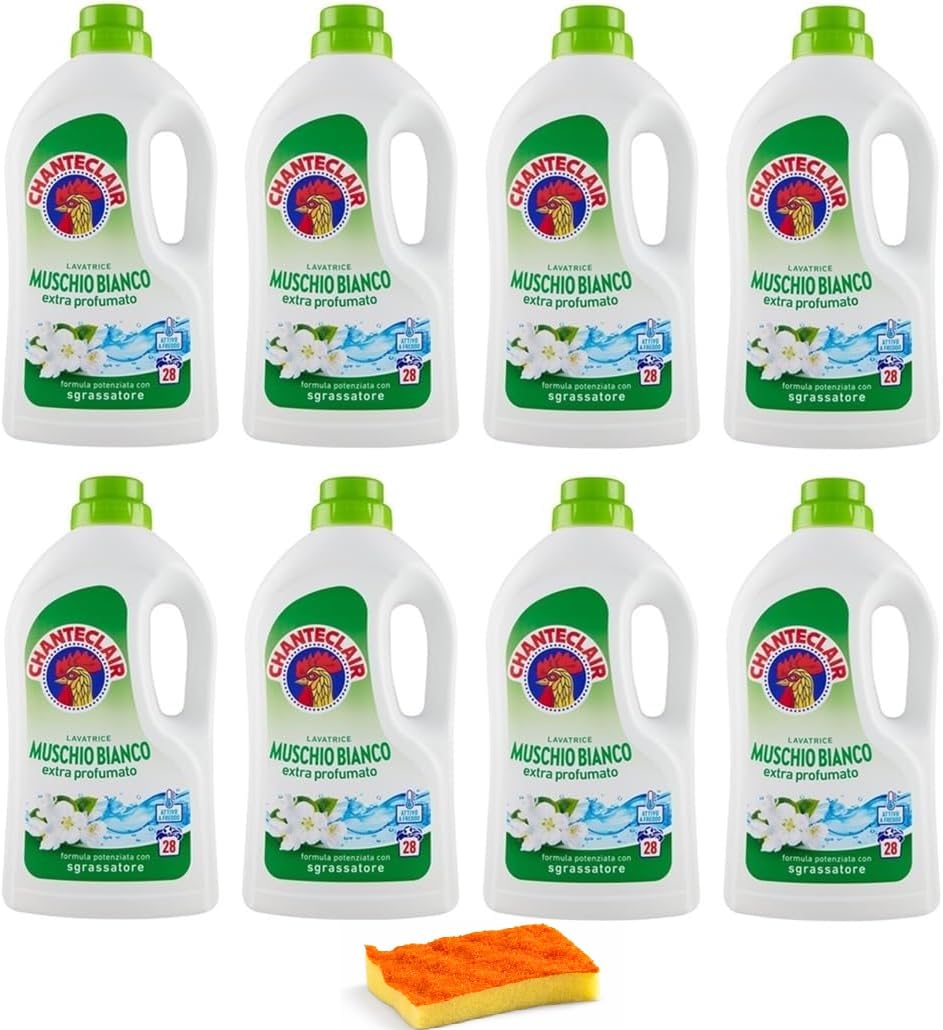 8 x Chanteclair Lavatrice Bianco Muschio Detersivo Liquido - Detersivo Liquido per lavatrice - Formula detergente con sgrassatore 28 lavaggi 1260 ml + spugna piatti KIT CREATO DA GALLIK