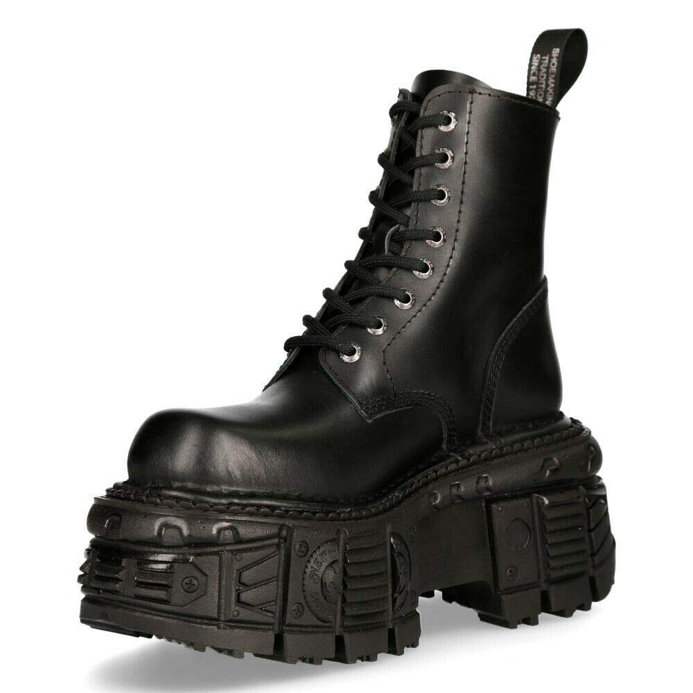 Stivali Unisex New Rock M-MILI084N-S5 in 100% Vera Pelle Techno Nera Metallizzata con Plateau e Chiusura con Lacci da Militare