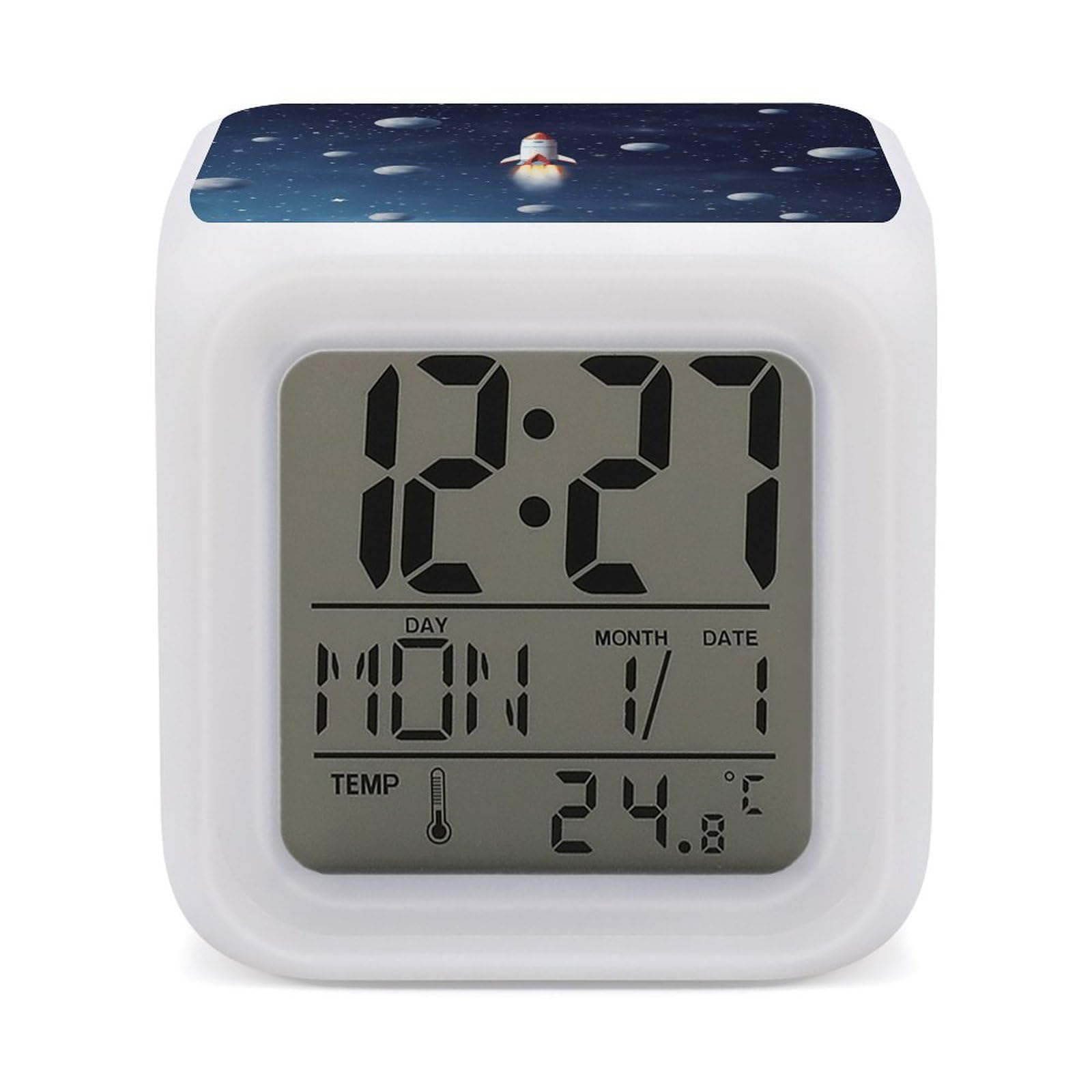 VstaDank Rocket in Space Alarm Clocks with 7 Color Changing Night Light Exquisite Bedroom Digital Clocks with LED Temperature Display Desk Clock Ok to Wake Clocks for Heavy Sleeper
